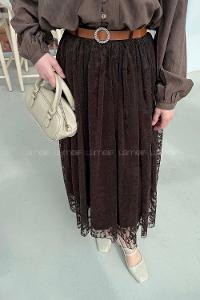 Lamelif Çiçek Baskılı Kemerli Etek Acı Kahve