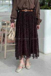 Lamelif Çiçek Baskılı Kemerli Etek Acı Kahve