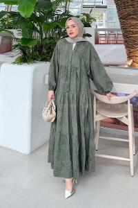 Lamelif Çiçek Desenli Elbise Haki