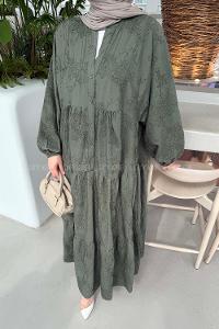 Lamelif Çiçek Desenli Elbise Haki