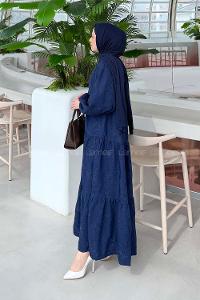 Lamelif Çiçek Desenli Elbise Lacivert