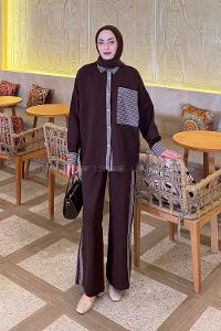 Lamelif Çizgili Pantolonlu Takım Acı Kahve