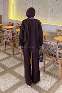 Lamelif Çizgili Pantolonlu Takım Acı Kahve