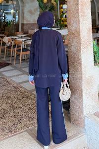 Lamelif Çizgili Pantolonlu Takım Lacivert