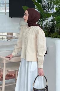 Lamelif Dantel Dikişli Gömlek Krem