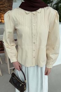 Lamelif Dantel Dikişli Gömlek Krem