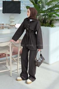 Dark Brown Shirt Collar Long Arm Denim Regular Trousers Comfortable Suit