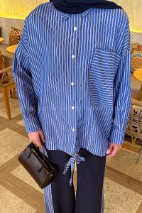 Lamelif Garnili Çizgili Pantolonlu Takım Lacivert