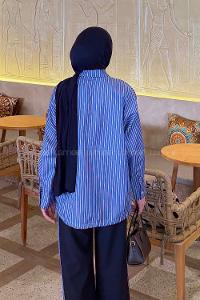 Lamelif Garnili Çizgili Pantolonlu Takım Lacivert