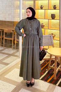 Lamelif Kemer Detaylı Etekli Takım Haki