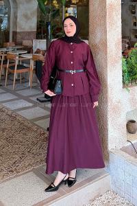 Lamelif Kemer Detaylı Etekli Takım Mürdüm