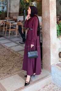 Lamelif Kemer Detaylı Etekli Takım Mürdüm