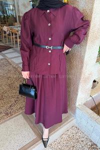 Lamelif Kemer Detaylı Etekli Takım Mürdüm