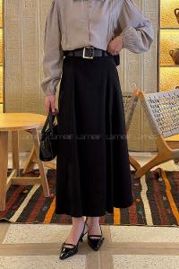 Black Viscose Fabric Polyester Flare Skirt