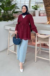 Lamelif Kuşaklı Gömlek Bordo