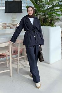 Lamelif Pelerinli Bağlama Detaylı Takım Koyu Lacivert