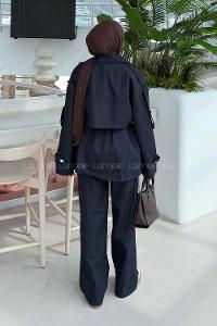 Lamelif Pelerinli Bağlama Detaylı Takım Koyu Lacivert