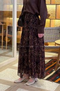 Lamelif Şifon Mevlana Etek Koyu Kahverengi