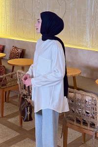 Lamelif Tek Cep Detaylı Çizgi Geçişli Gömlek Beyaz