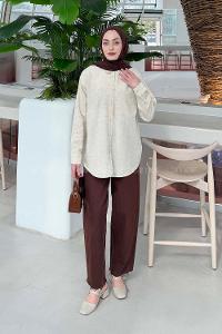 Beige Shirt Collar Long Arm Linen Unprinted Shirt