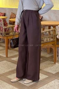 Lamelif Toka Detaylı Geniş Paça Pantolon Acı Kahve