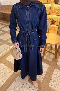 Lamelif Bağlama Detaylı Kot Elbise Koyu Mavi