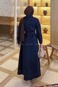 Lamelif Bağlama Detaylı Kot Elbise Koyu Mavi