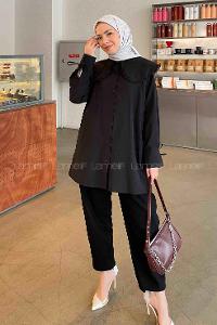 Lamelif Bebe Yaka Dantel Detaylı Gömlek Siyah