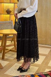 Lamelif Çiçek Baskılı Kemerli Etek Siyah