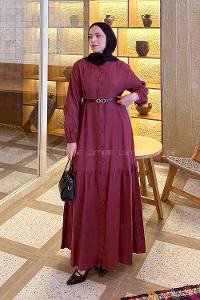 Claret Red Crew Neck Cotton Unprinted Dresess