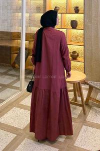 Claret Red Crew Neck Cotton Unprinted Dresess