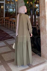 Lamelif Düğme Kapama Tesettür Elbise Haki