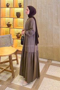 Lamelif Düğme Kapama Tesettür Elbise Kahverengi