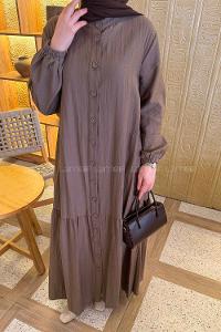 Lamelif Düğme Kapama Tesettür Elbise Kahverengi