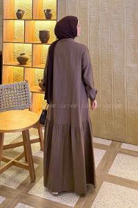 Lamelif Düğme Kapama Tesettür Elbise Kahverengi