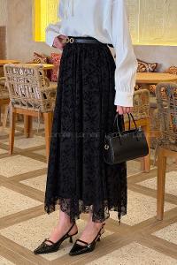 Lamelif Floklu Etek Siyah