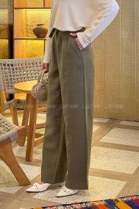 Lamelif Toka Detaylı Geniş Paça Pantolon Haki