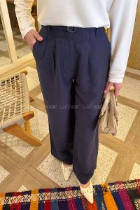 Lamelif Toka Detaylı Geniş Paça Pantolon Lacivert