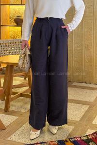 Lamelif Toka Detaylı Geniş Paça Pantolon Lacivert