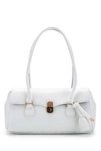 Lamelif Tokalı Deri Charmlı Yatay Klasik Omuz Çantası Beyaz