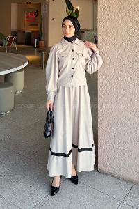 Lamelif Cep Detaylı Etekli Takım Taş Rengi