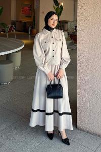 Lamelif Cep Detaylı Etekli Takım Taş Rengi