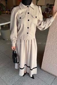 Lamelif Cep Detaylı Etekli Takım Taş Rengi