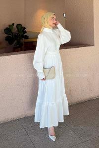 Lamelif Fırfır Detaylı Etekli Takım Beyaz