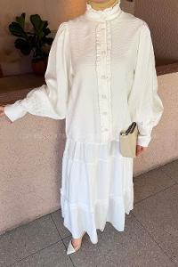 Lamelif Fırfır Detaylı Etekli Takım Beyaz