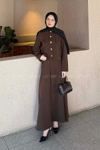 Lamelif Fiyonk Görünümlü Çift Yaka Takım Koyu Kahverengi