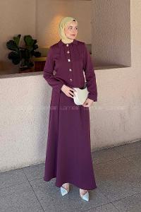 Lamelif Fiyonk Görünümlü Çift Yaka Takım Mürdüm