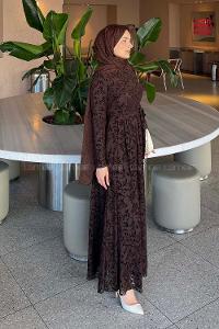 Lamelif Flok Model Elbise Acı Kahve