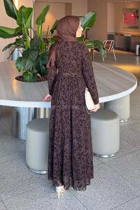 Lamelif Flok Model Elbise Acı Kahve