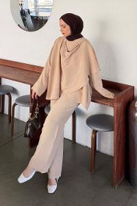 Beige Scarf Neck Long Arm Modal Regular Trousers Comfortable Suit